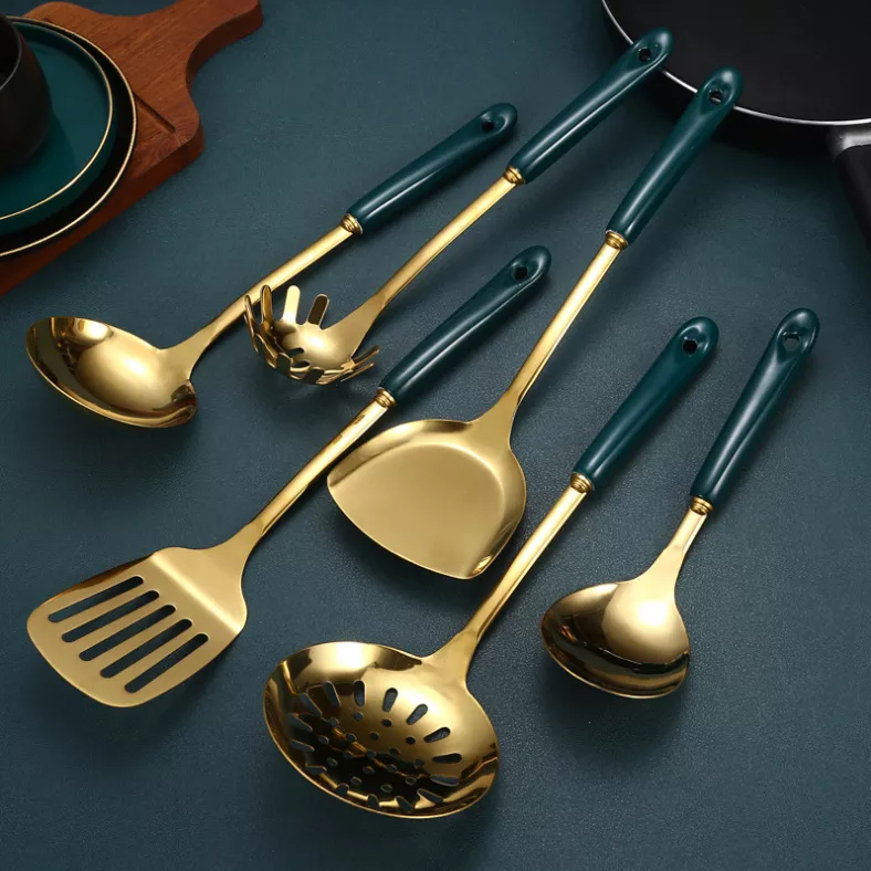 Gold Stainless Steel Kitchen Cooking Utensils Set With Holder Green handle