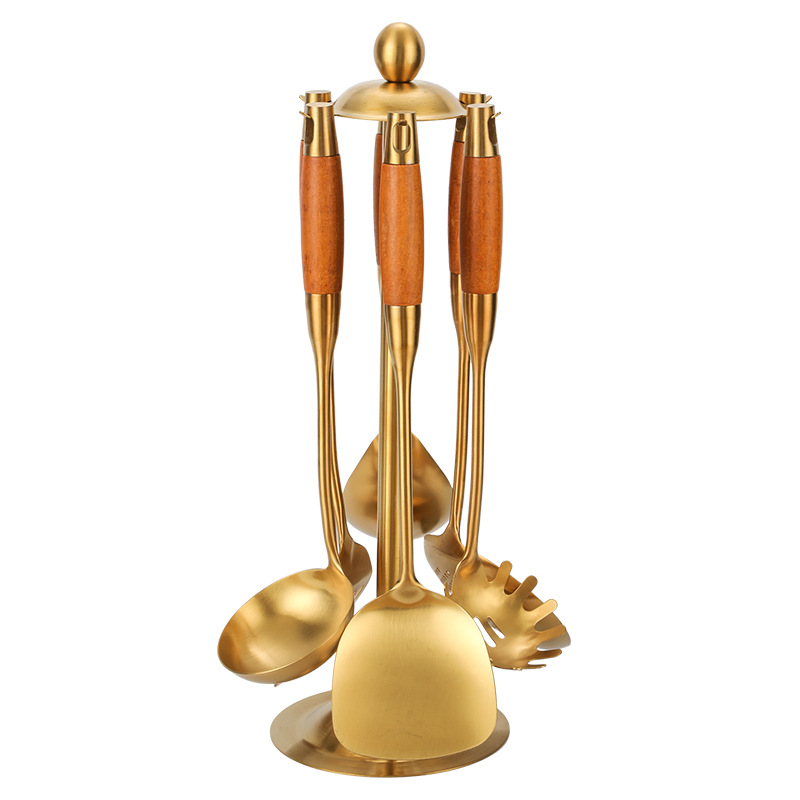 7PCS Gold Cooking Utensils set Wood handle